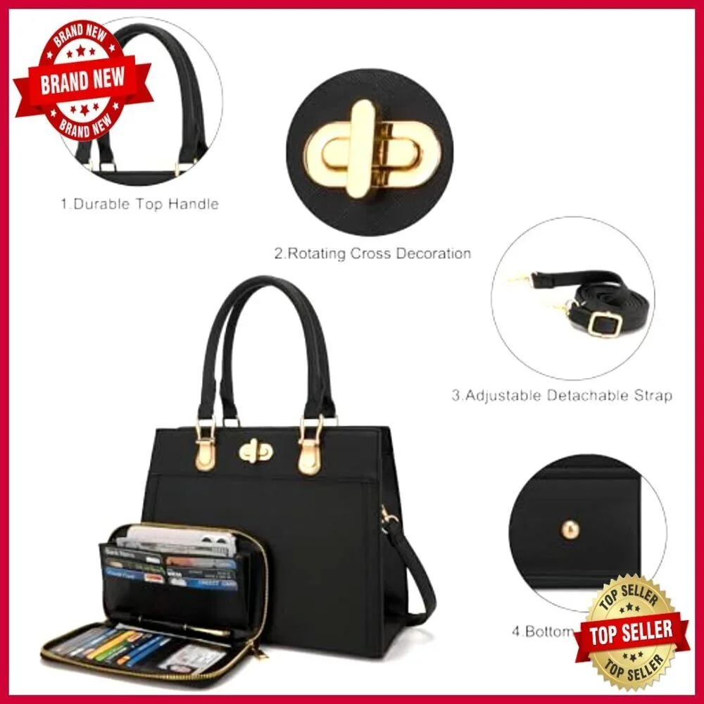 Large Vegan Leather Tote Satchel with Adjustable Crossbody Strap and Wallet
